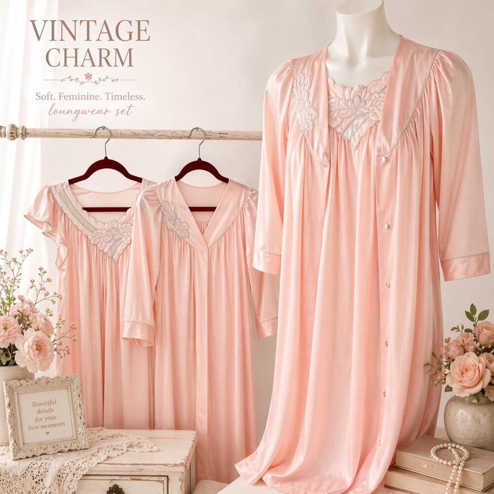 Vintage Shadowline Peignoir Set Small Pink Nylon Floral Appliqué Nightgown Robe